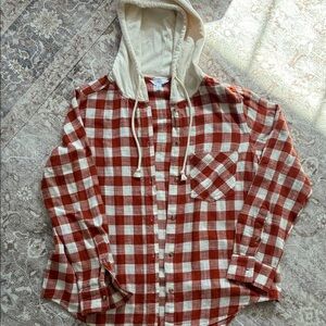 Time and Tru Red and Cream Plaid Button-Down Hoodie Shirt